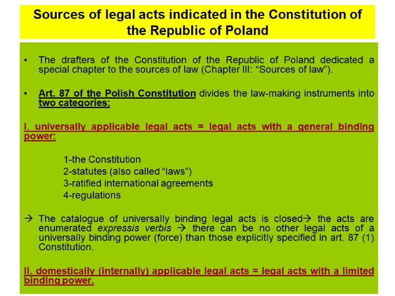 Sources of legal acts indicated in the Constitution of the Republic of Poland 